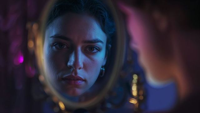 Woman gazing at reflection in ornate mirror, moody lighting