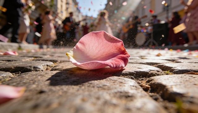 Resting pink rose petal on sunlit cobblestone with flying confetti and blurred musicians