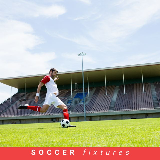 Caucasian Soccer Player Kicking Ball on Empty Stadium Field - Download Free Stock Templates Pikwizard.com