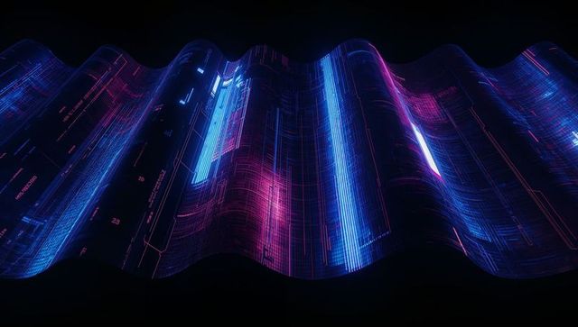 Flowing neon data ribbon with blue magenta circuitry and holographic grid
