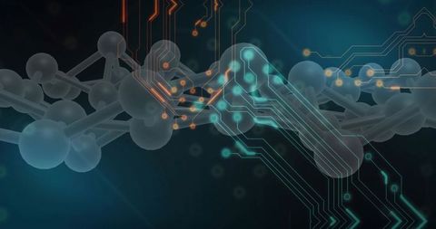 Translucent molecular chain forming with neon circuit traces for nanotechnology concept