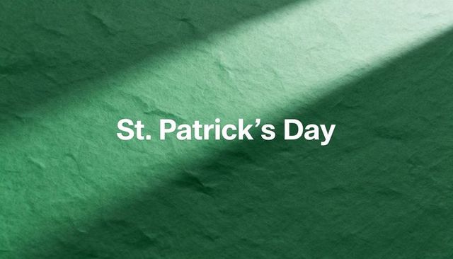 St. Patrick's day green crumpled paper backdrop, centered white typography, diagonal light