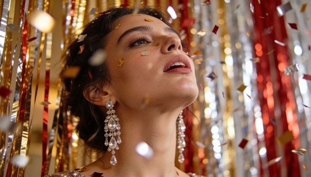 Woman celebrating with crystal chandelier earrings and falling confetti at tinsel backdrop