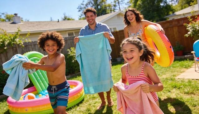 Happy family playing in backyard pool with inflatables, towels, smiling together