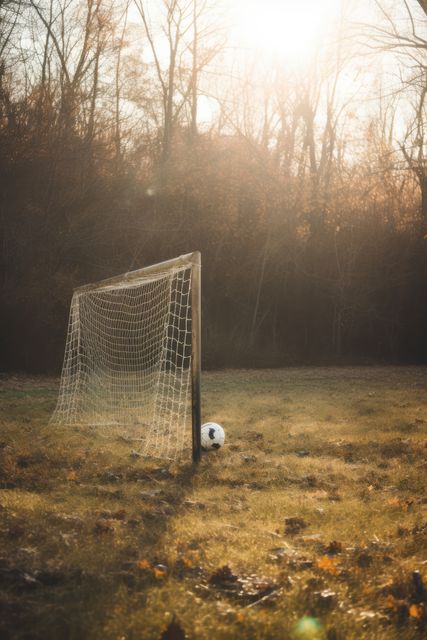 An abandoned soccer goal in a grassy field during sunset, with a soccer ball leaning against the netting. The scene feels nostalgic and tranquil, making it suitable for use in themes related to sports history, forgotten places, or nature photography. This image could be used in backgrounds for motivational quotes, advertisements evoking nostalgia, or educational posters about sports.