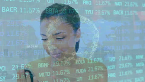 Businesswoman Analyzing Data with Global Financial Charts