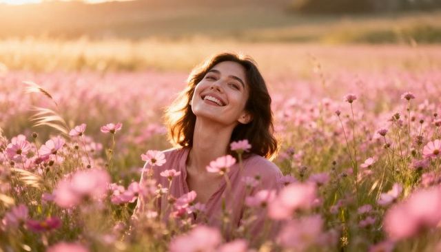 Smiling woman kneeling in sunlit pink cosmos field at golden hour
