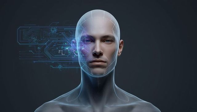 Digital Humanoid Concept with Blue Holographic Overlay