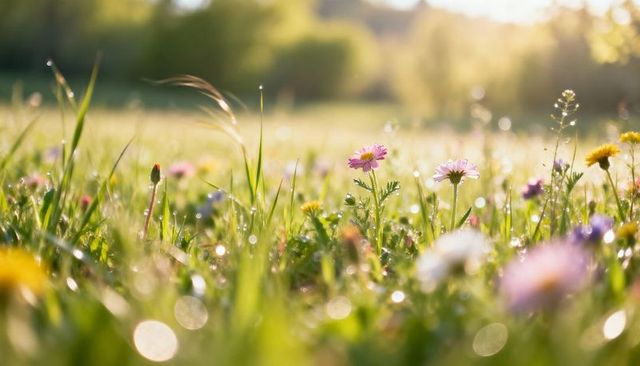 Dew-kissed wildflower meadow at golden hour with pink daisies, soft-focus closeup