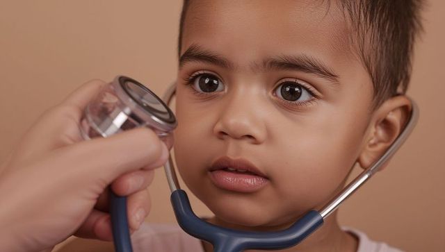 Toddler listening with stethoscope during pediatric checkup closeup medical care portrait