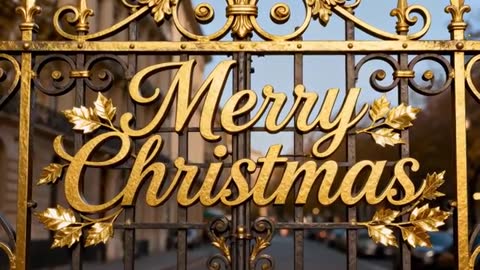 Pushing camera focusing on gilded Merry Christmas lettering on ornate wrought-iron gate