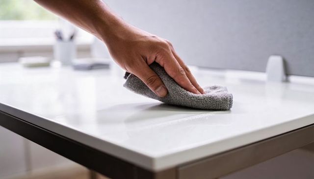 Hand wiping glossy white kitchen counter with gray microfiber cloth for clean surface