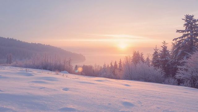 Pastel sunrise bathing snowfield and frosted evergreens over tranquil lakeside valley