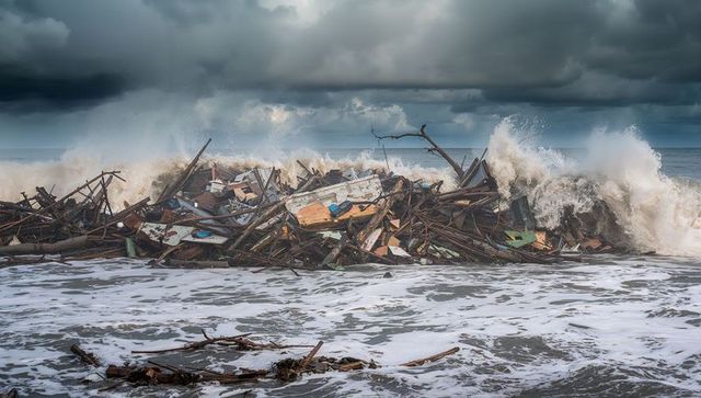 Waves crashing against debris pile on rocky shore