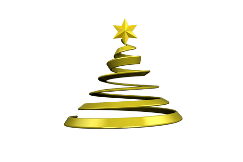 Gold ribbon christmas tree with star on transparent background