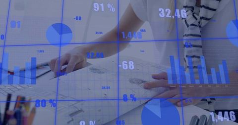 Architect sketching blueprints with overlaid analytics and data visualization dashboard