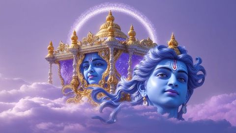 Surreal Blue Deity Heads with Golden Pavilion and Glowing Halo