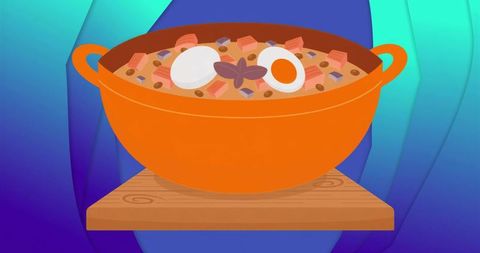 Vibrant stovetop stew pot with eggs and star anise in rustic setting