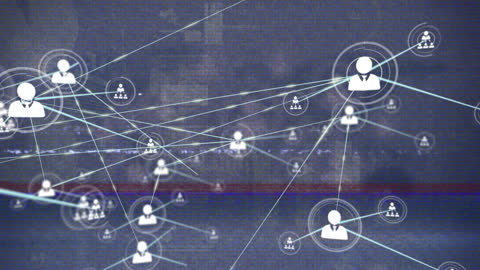 Digital Network Icons with Glitch Effect on Blue Background