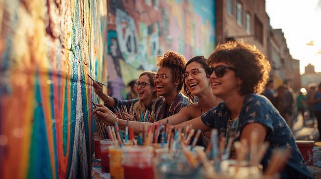 Painting Together Young Women Collaborating on Vibrant Urban Mural During Street Festival