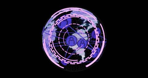 Spinning holographic globe with magenta rings, network nodes and data visualization overlay