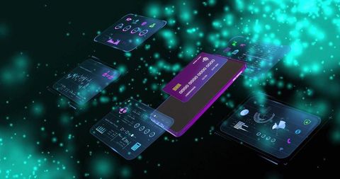 Presenting futuristic mobile banking interface with holographic credit card and analytics