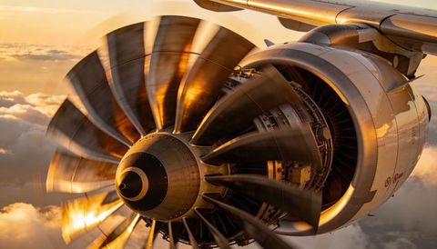 Spinning turbofan blades in golden-hour light over cloud deck close-up of jet engine