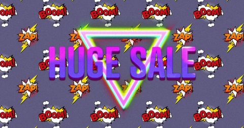 Neon Huge Sale Banner with Retro Comic Elements on Purple Background