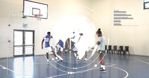 High school basketball players practicing passing drills with futuristic hud data overlay