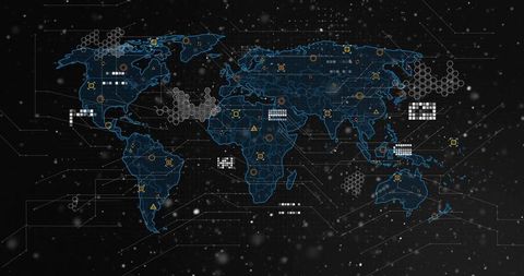 Glowing blue world map with hexagonal data nodes and warnings