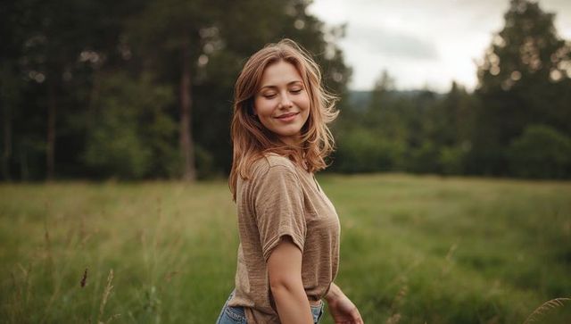 Young woman enjoying meadow breeze at forest edge, standing in tall grass