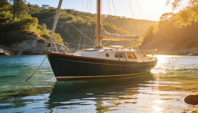 Sunlit sailboat resting in turquoise cove at golden hour with rocky coast and calm water