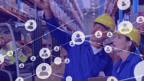 Warehouse Workers Analyzing Stock with Digital Network Overlay