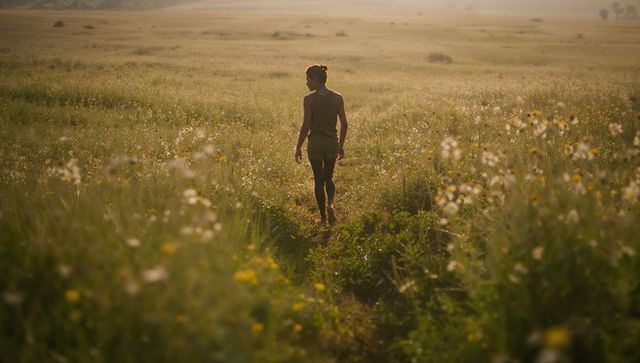 Woman in Sportswear Exploring Peaceful Grassland Path at Sunset