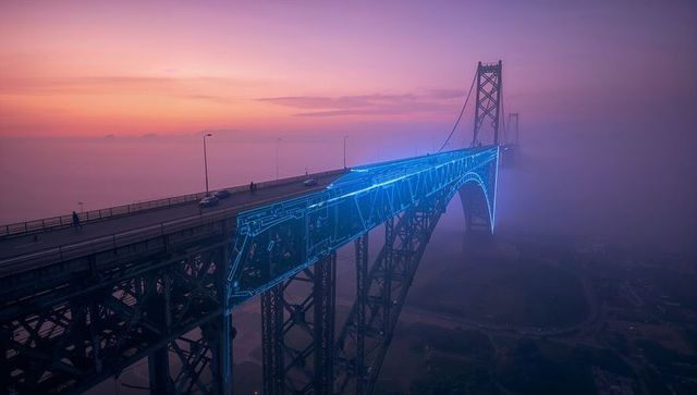 Neon-Trace Steel Arch Bridge Stretching Through Dawn Fog With Pedestrians and Cars