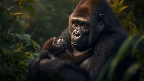 Mother gorilla cradling infant in lush rainforest understory showing tender primate bond