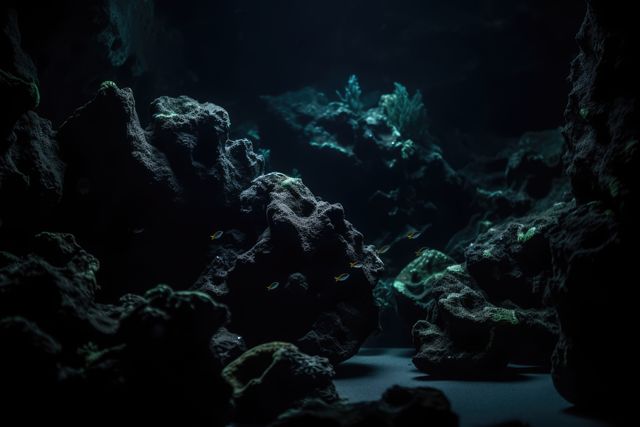 Image portrays a dimly lit underwater coral reef environment with small fish swimming around rocky formations. Atmosphere is both tranquil and mysterious due to the muted blue hues and dark surroundings. Ideal for use in articles, presentations or projects related to marine life, ocean exploration, underwater ecosystems, or to evoke feelings of mystery and serenity.