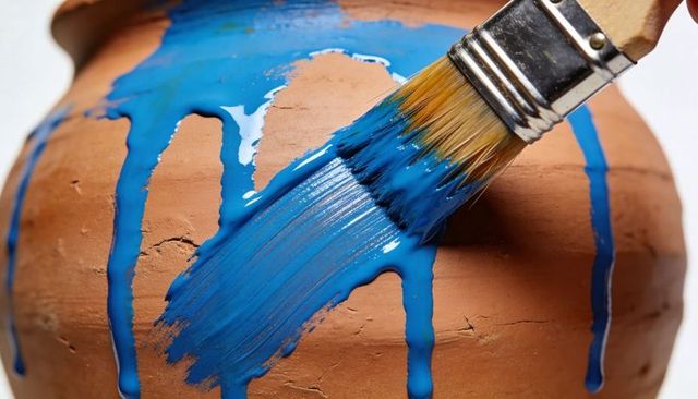 Hand painting terracotta pot with vivid blue paint, close-up brush stroke and glossy drips