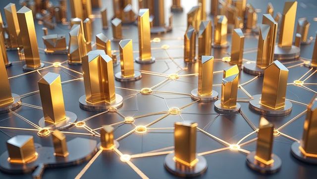 Futuristic Golden Network of Towers with Glowing Connectivity Trail