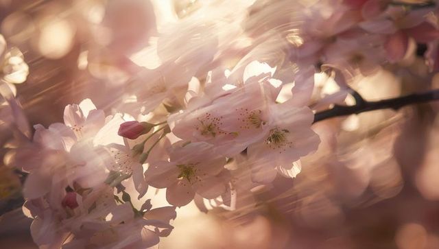 Sunlit Pink Cherry Blossom Cluster with Dreamy Pastel Bokeh and Soft Backlight