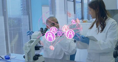 Lab Researchers Collaborating with AR Network over Microscope for Data Visualization