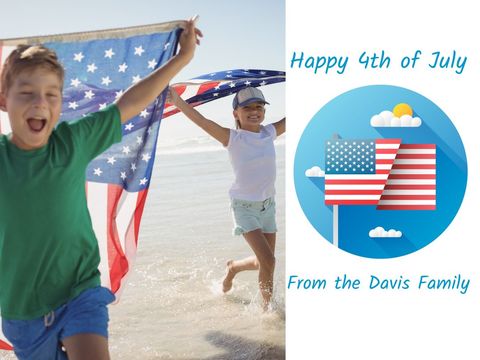 Children Celebrating Independence Day at Beach with American Flag