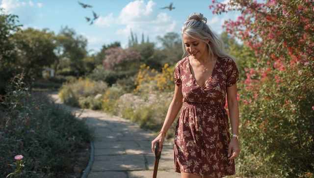 Mature woman walking with wooden cane on sunlit garden path wearing burgundy floral dress