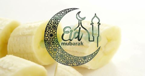 Eid mubarak calligraphy on sliced bananas