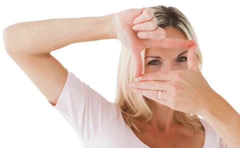 Blonde Woman Framing with Hands Smiling on Transparent Background