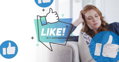 Young woman browsing social media with like icons overlaid