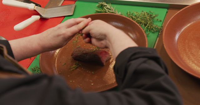 Chef Preparing Raw Meat with Fresh Herbs in Professional Kitchen - Download Free Stock Images Pikwizard.com