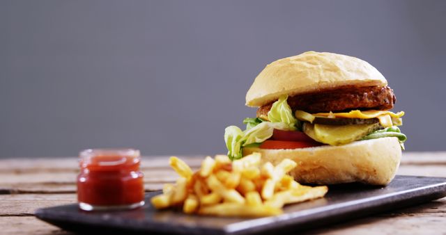 A delicious cheeseburger with lettuce, tomato, and pickles is paired with a side of golden fries and ketchup, served on a slate board. This appetizing setup invites a savory meal experience for any burger enthusiast.