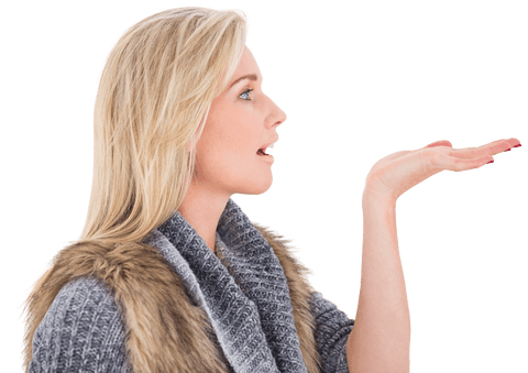 blonde woman in winter clothes gesturing with open hand transparent background - Download Free Stock Videos Pikwizard.com