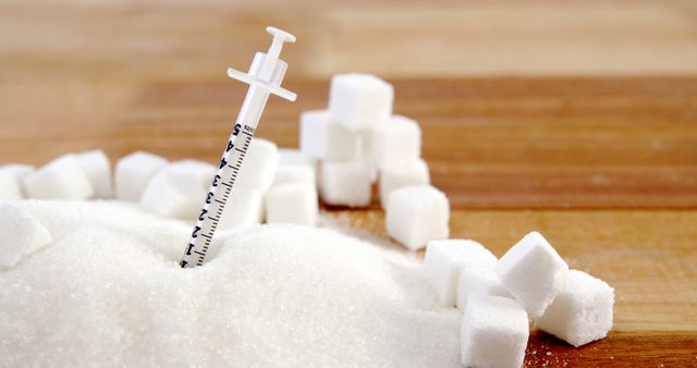 A syringe is metaphorically plunged into a pile of sugar cubes, symbolizing the concept of sugar addiction or the impact of sugar on health. This visual metaphor highlights the concerns about excessive sugar consumption and its potential health risks.
